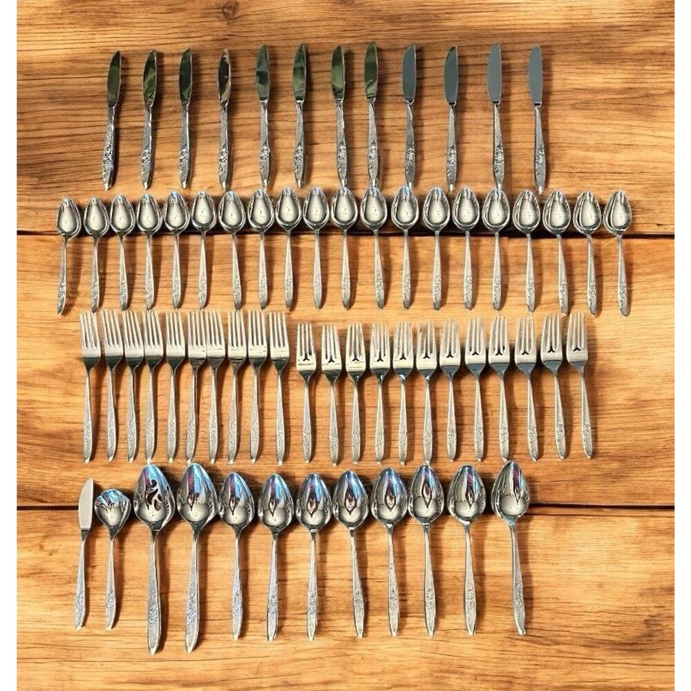 EKCO Eterna Carolyn Stainless Japan Flatware Set 66 Pc Service For 8 + Vtg Roses